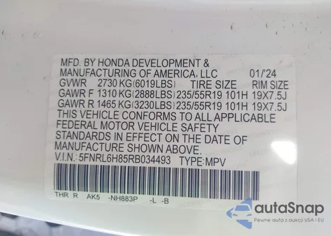 2024 Honda Odyssey Touring z USA, uszkodzony, nr VIN 5FNRL6H85RB034493